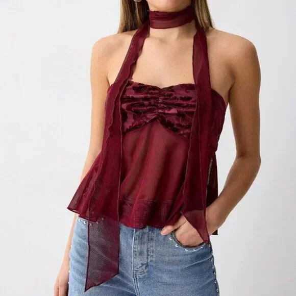 Pretty Garbage 2-Piece Set: Flocked flowers mesh scarf and tube top set - Picture 1 of 3